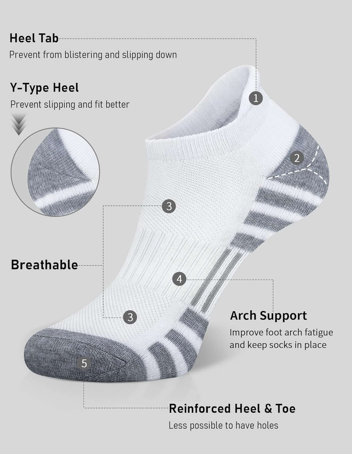 Ankle Athletic Running Socks Cushioned Breathable Low Cut Sports Tab Socks for Men and Women (6 Pairs)