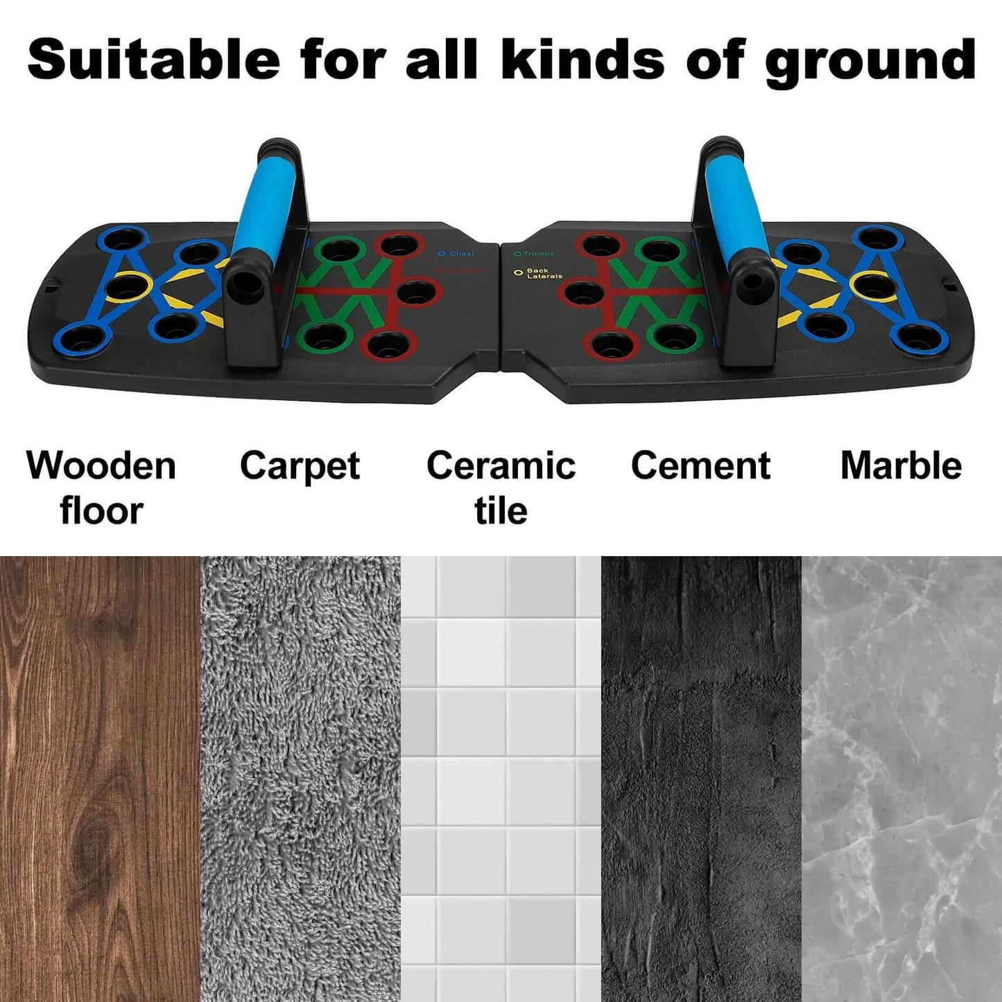 Push up board displayed on various surfaces: wooden floor, carpet, ceramic tile, cement, and marble.