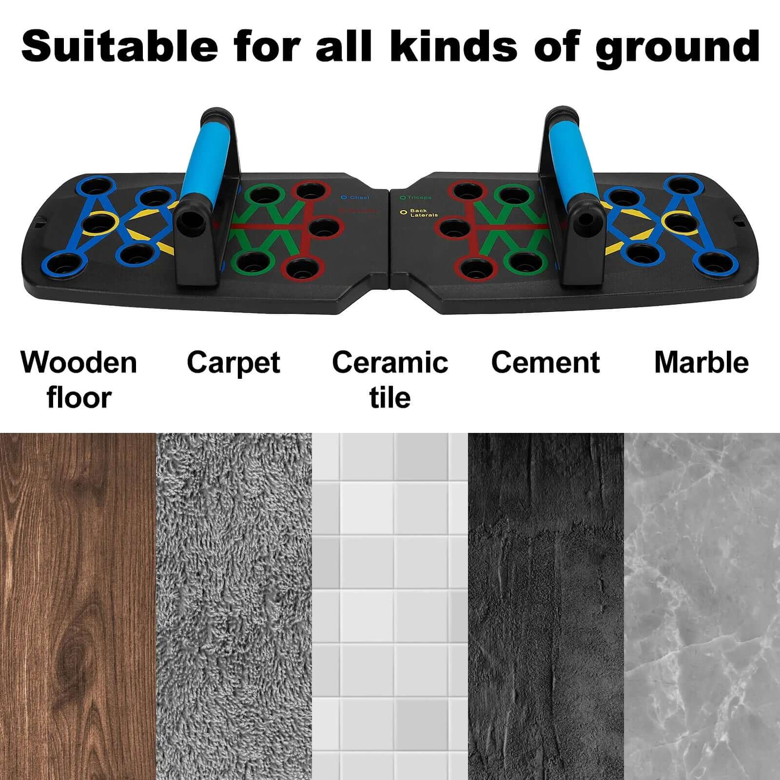 Push up board displayed on various surfaces: wooden floor, carpet, ceramic tile, cement, and marble.