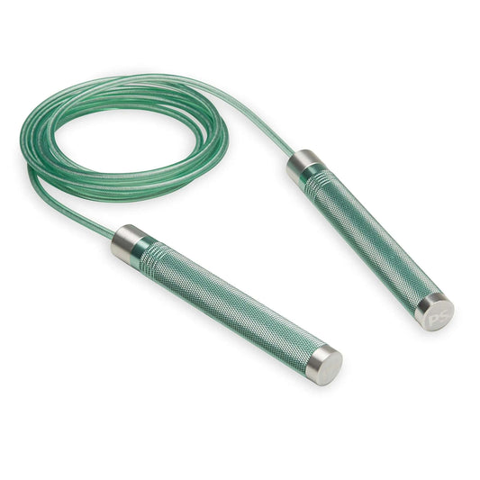 Popsugar jump rope with green handles for a full-body cardio workout, lightweight and 9 ft long.