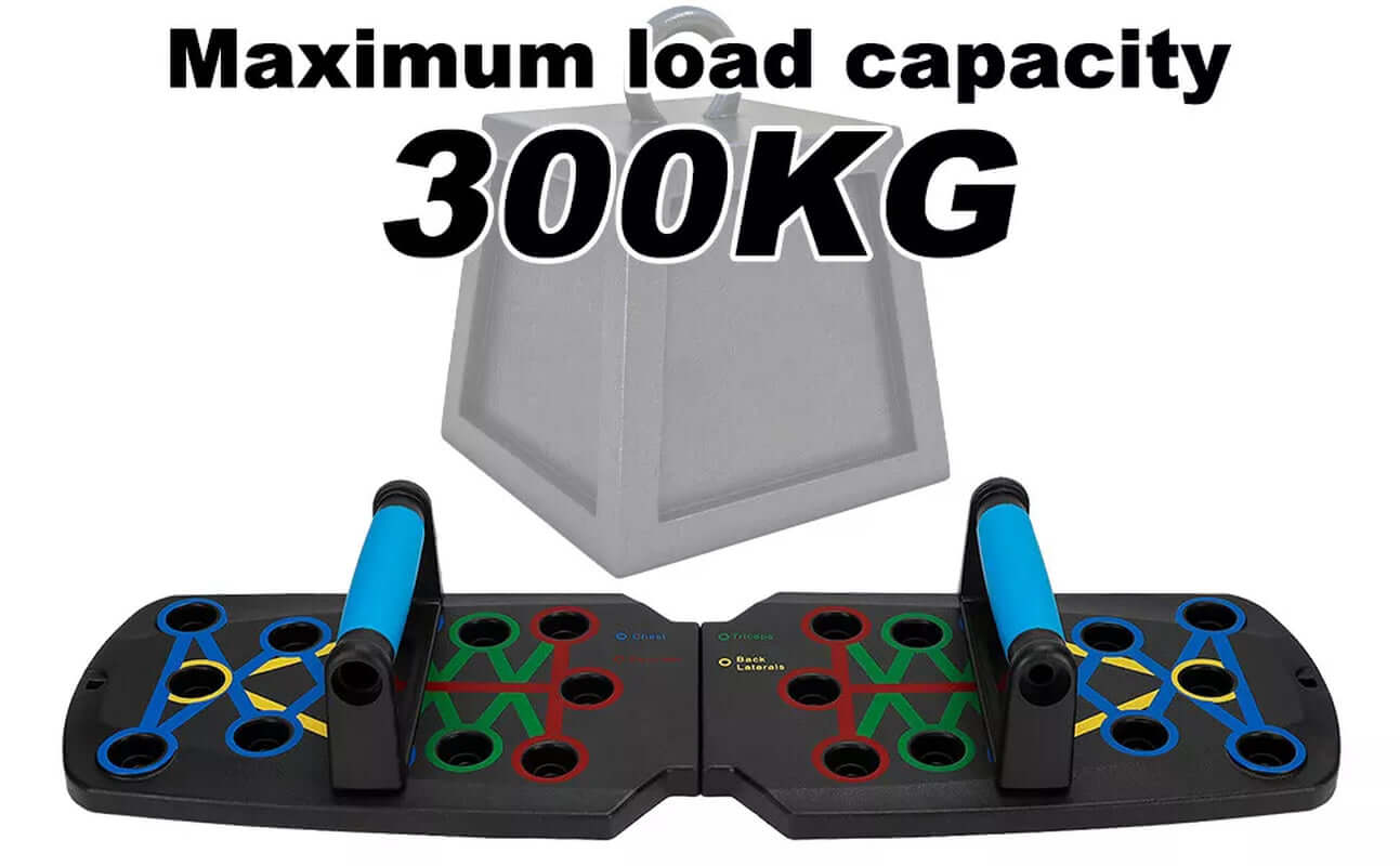 Push up board with anti-slip grip, maximum load capacity of 300KG, color-coded zones for versatile workouts.