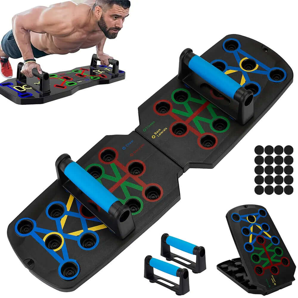 Man using a push up board system for fitness training, highlighting color-coded zones for muscle targeting.