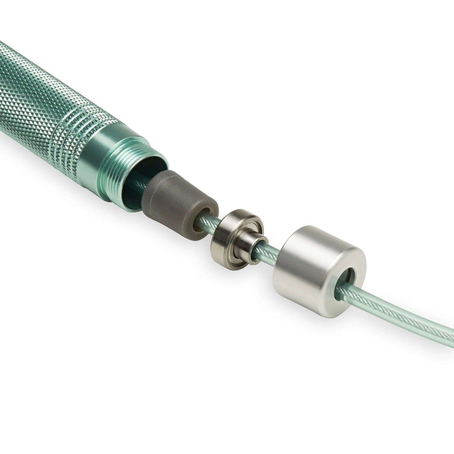 Close-up of the Popsugar Jump Rope's adjustable handle and cable mechanism for customizable workout experience.