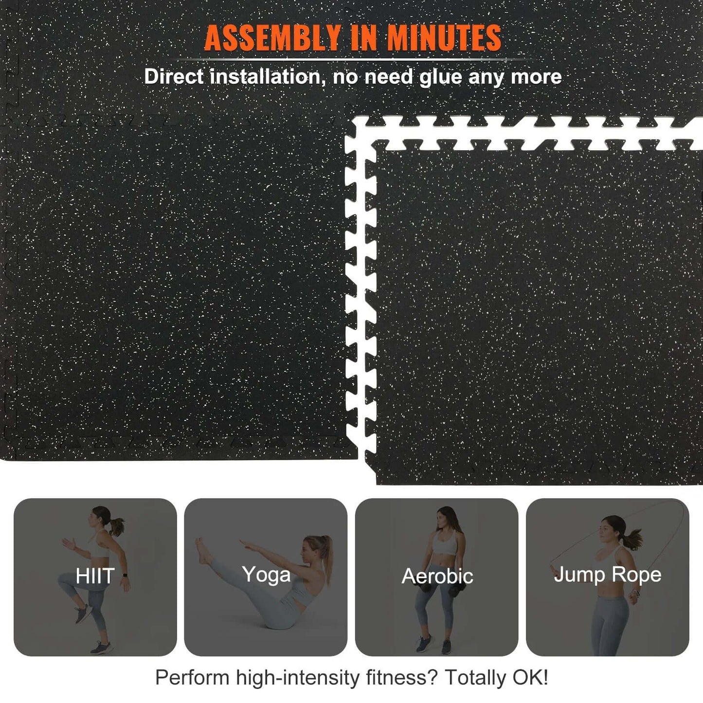 VEVOR 12 PCS 1/2 Inch Thick Gym Floor Mats, 24 X 24 EVA Foam & Rubber Top Interlocking Workout Floor Mats with 48 Sq.Ft Coverage, Waterproof Exercise Puzzle Flooring for Gym, Home, Garage, Basement, Black & Grey