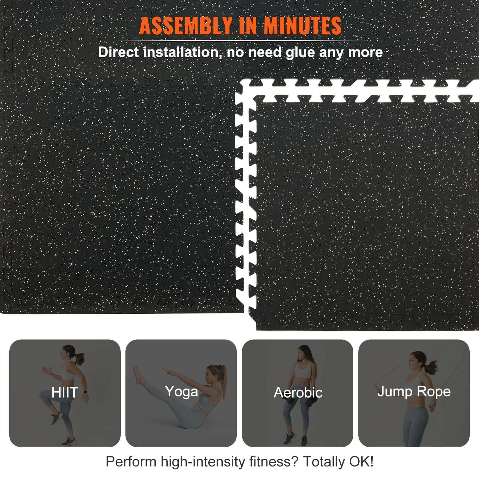 VEVOR 12 PCS 1/2 Inch Thick Gym Floor Mats, 24 X 24 EVA Foam & Rubber Top Interlocking Workout Floor Mats with 48 Sq.Ft Coverage, Waterproof Exercise Puzzle Flooring for Gym, Home, Garage, Basement, Black & Grey