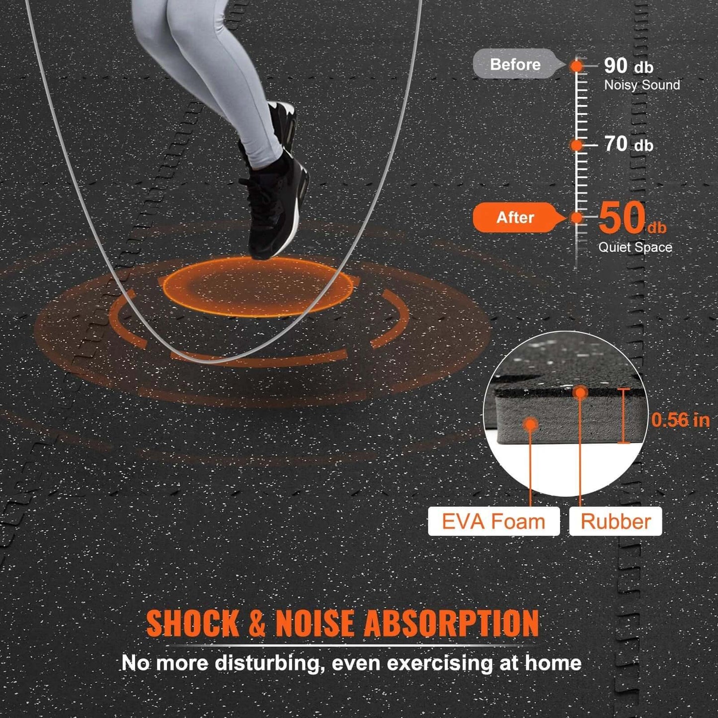 VEVOR 12 PCS 1/2 Inch Thick Gym Floor Mats, 24 X 24 EVA Foam & Rubber Top Interlocking Workout Floor Mats with 48 Sq.Ft Coverage, Waterproof Exercise Puzzle Flooring for Gym, Home, Garage, Basement, Black & Grey