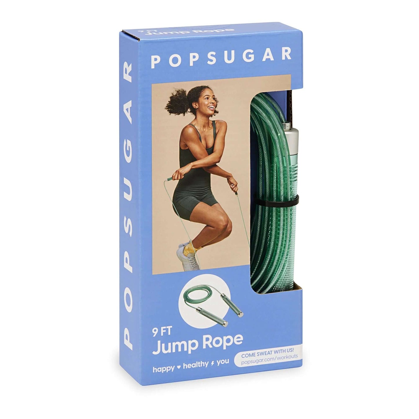 Popsugar Jump Rope packaging showcasing a woman jumping rope, 9 ft long for full-body cardio workouts