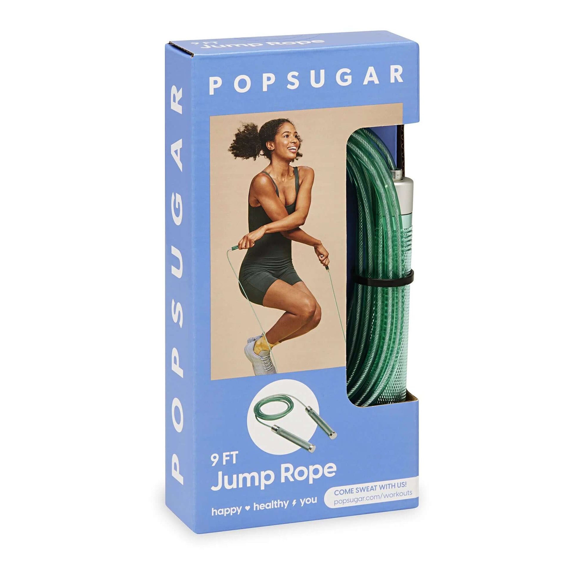 Popsugar Jump Rope packaging showcasing a woman jumping rope, 9 ft long for full-body cardio workouts