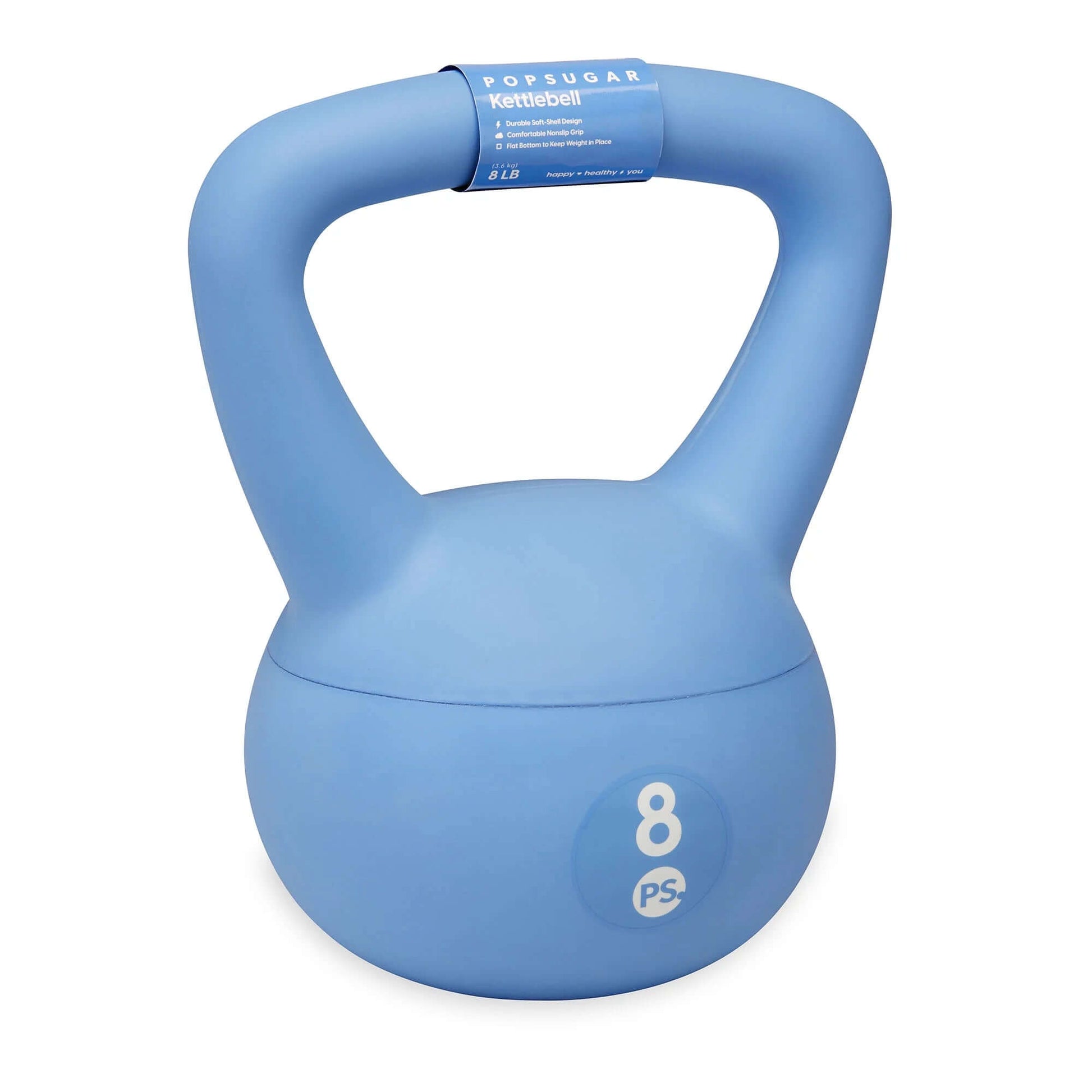 Popsugar sand filled kettlebell in blue, featuring easy-grip handle and durable soft shell, ideal for strength training.