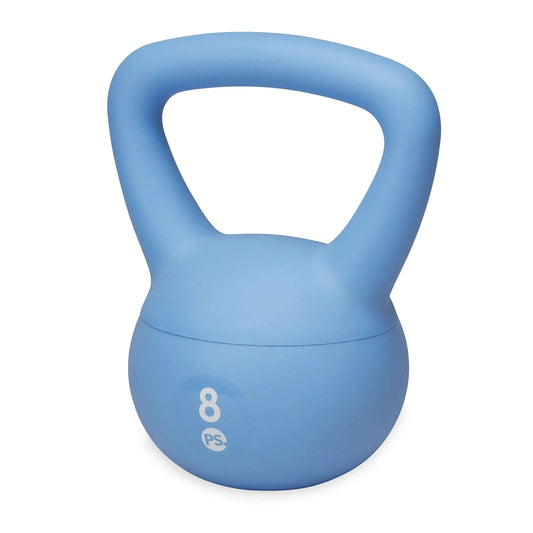 Popsugar sand filled kettlebell in blue with an 8 lb weight, designed for strength training and endurance workouts.