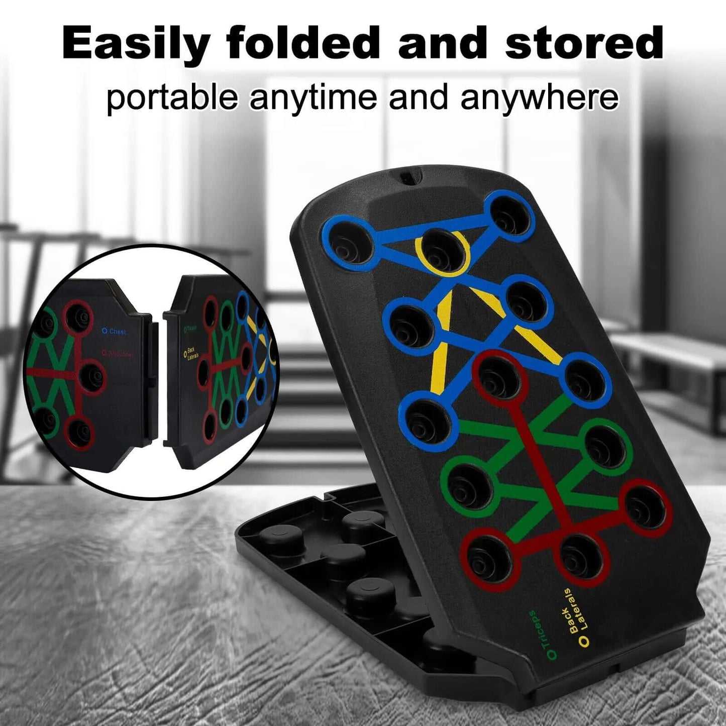 Push up board with color-coded zones for muscle targeting, easily folded and portable for home workouts.